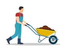 Man with wheelbarrow full of dirt or ground. Gardener carries a wheelbarrow with organic fertilizers. Vector illustration in flat style