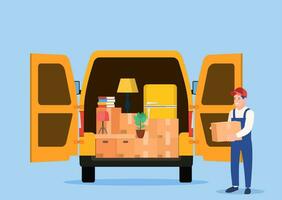 Moving house service. Moving with sofa and various boxes to new home. Delivery service concept. Delivery truck with a bunch of boxes. Vector illustration in flat style