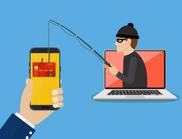 Internet phishing and hacking attack concept. internet attack on credit card. vector illustration in flat design.