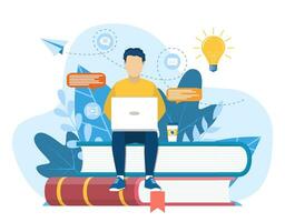 man sitting on pile of books. Concept illustration of online courses, distance studying, self education, digital library. E-learning banner. Online education. Vector illustration in flat style