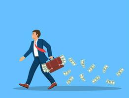 businessman with a full briefcase of money in hand and cash fly and fall behind. concept abundance of money and over spending. Vector illustration in flat style