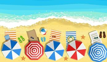 beach sun umbrellas flip-flops and beach Mat on the background of sand near the sea surf with starfish, top view. Vector illustration in flat style