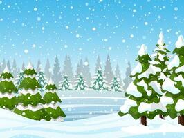 Christmas landscape background with snow and tree. Merry christmas holiday. New year and xmas celebration. Vector illustration in flat style