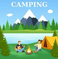 Group of young people are sitting around campfire. Young tourists, campers cartoon characters. Man playing guitar. Vector illustration in flat style