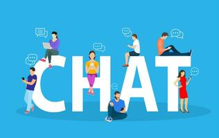 Chat concept. people using mobile gadgets such as pc and smartphone for texting messages each other via internet. big letters chat vector