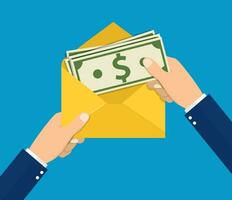 Hands businessman holding envelope with cash. vector