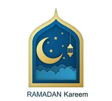 Ramadán kareem saludo tarjeta, diseño con 3d papel cortar símbolos de Ramadán mubarak, colgando oro linternas, Arábica lámparas, estrella, papel Arte vector y ilustración