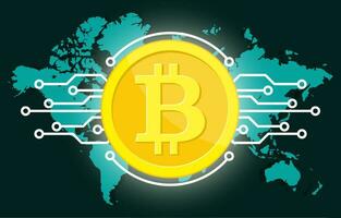 Golden bitcoin digital currency and world globe vector