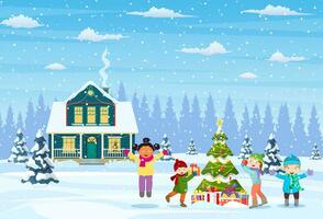 contento nuevo año y alegre Navidad saludo tarjeta. Navidad paisaje. niños decorando un Navidad árbol. invierno vacaciones. vector ilustración en plano estilo