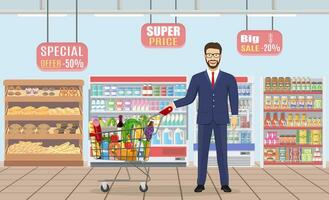 businessman pushing supermarket shopping cart full of groceries. isolated on white background. Vector illustration in flat style