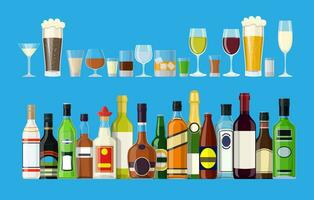 Alcohol drinks collection. Bottles with glasses. Vodka champagne wine whiskey beer brandy tequila cognac liquor vermouth gin rum absinthe bourbon. Vector illustration in flat style