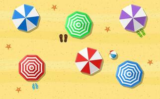 beach sun umbrellas flip-flops and beach Mat on the background of sand with starfish, top view. Vector illustration in flat style