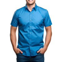 ai generado hombre corto manga azul camisa en transparente antecedentes png