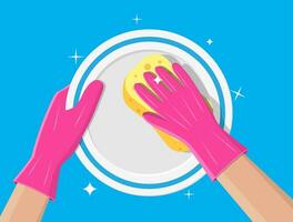 Hand in gloves with sponge wash plate. vector