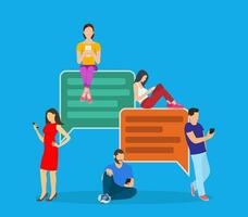 happy people use mobile smartphonefor chatting in social media, for, landing page, template, ui, web, mobile app, poster, banner, flyer. Vector illustration in flat style