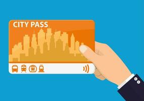 Hand with city pass. Bus, train, subway travel ticket with cashless payment system. Card with map of city with roards and houses. Vector illustration in flat style