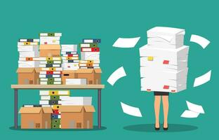 Businesswoman holds pile of office papers and documents. Documents and file folders on table. Routine, bureaucracy, big data, paperwork, office. Vector illustration in flat style