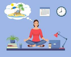 negocio mujer haciendo yoga, calma abajo, relajante y soñando acerca de vacaciones en un tropical isla. empleado a lugar de trabajo. negocio concepto.vector ilustración en plano estilo vector