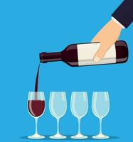 Pouring out red wine from a bottle in wineglasses. Vector illustration in flat style