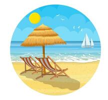 Paradise beach of the sea with yachts and palm trees. Tropical island resort. Vector illustration in flat style