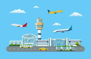 Aircraft above the ground. Airport control tower, terminal building and parking area. Road with bus and taxi. Sky with clouds and sun. Vector illustration in flat style