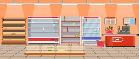 Supermarket store interior with empty store shelves. Big shopping mall. Interior store inside. Checkout counter. Vector illustration in flat style