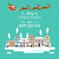 happy new year and merry Christmas winter old town street Santa Claus with deers in sky above the city. concept for greeting and postal card, invitation, template. Vector illustration in flat style
