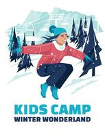 Advertisement of a children's winter camp. The girl jumps against the background of the winter mountains of the ski resort. Vector flat illustration.