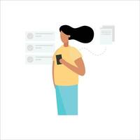 Woman with mobile phone and checklist. Vector illustration in flat style.