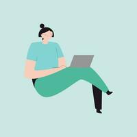 Freelance woman working on laptop. Vector illustration in flat style