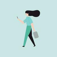 Woman walking with briefcase and smartphone. Vector illustration in flat style