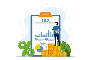 tax refund concept, businessman cuts big taxes, tax reduction, optimization, tasks, financial accounting. Flat vector illustration on white background.