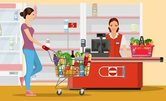 personas compras en supermercado. mujer cajero en supermercado. efectivo registro, cajero y comprador con carro. vacío Tienda estantes. vector ilustración en plano estilo