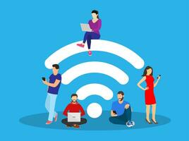 personas en gratis Internet zona utilizando móvil artilugio, tableta ordenador personal y teléfono inteligente grande Wifi signo. gratis Wifi punto de acceso, Wifi bar, público evaluar zona, portátil dispositivo concepto. vector ilustración en plano estilo