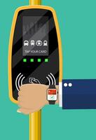 Hand with smartwatch and bank card near terminal. Airport, metro, bus, subway ticket validator. Wireless contactless cashless payments, rfid nfc. Vector illustration in flat style