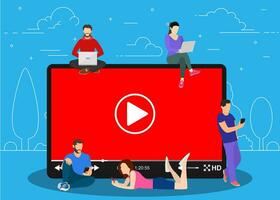 Video concept. people using mobile gadgets, tablet pc and smartphone for live watching a video via internet. Vector illustration in flat style