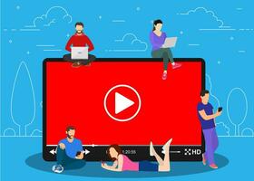 Video concept. people using mobile gadgets, tablet pc and smartphone for live watching a video via internet. Vector illustration in flat style