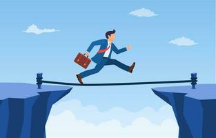 Businessman is walking a tightrope across the gap between the rocks. business concept risk and danger. financial crisis. Risk management challenge. Vector illustration in flat style.