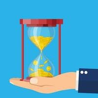 Old style hourglass clocks with dollar coins inside in hand. Time is money concept. Vector illustration in flat style