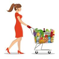 Young woman pushing supermarket shopping cart full of groceries. isolated on white background. Vector illustration in flat style