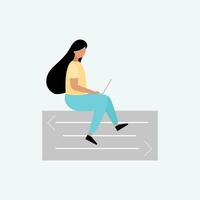 Woman with laptop sitting on the road. Vector illustration in flat style