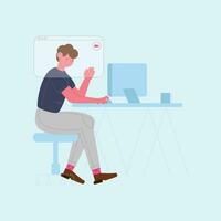 Man sitting at desk and working on computer. Vector illustration in flat style