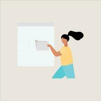 Woman with folder on whiteboard. Vector illustration in flat style.