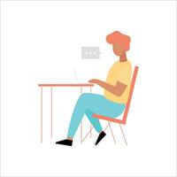 Young man sitting at the table and working on laptop. Flat vector illustration.