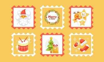 Set of vector Christmas stamps in cute cartoon style.