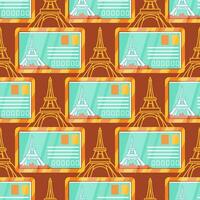 Vector pattern on the theme of tourism, Paris and the Eiffel Tower in a cute cartoon style.