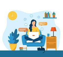 girl with laptop sitting on the chair. Freelance or studying concept. web page design template for online education, training and courses, learning, video tutorials. Vector illustration in flat style