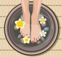 Female feet at spa pedicure procedure. Legs, flowers and ceramic bowl. SPA beauty and health concept. Vector illustration in flat style