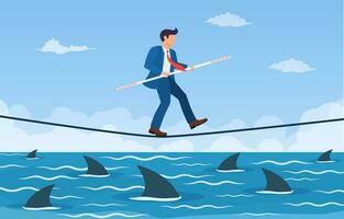 Businessman walking a tightrope with balancer stick over shark in water. Way to success. Obstacle on road. Risk management challenge. Success concept. Vector illustration in flat style.