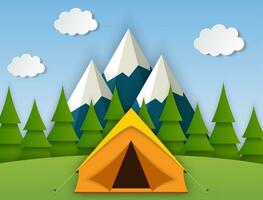 Paper cut summer landsape. Landscape with yellow tent, forest and mountains on the background. Adventures in nature, vacation, and tourism vector illustration.